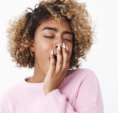 So Sleepy Portrait Cute Tender African American Woman With Curly Blond Haircut Pink Sweater Yawning Cover Opened Mouth With Palm Cute Close Eyes Feeling Tired After Cool Awesome Party 176420 35313 1