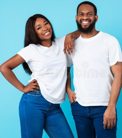 African american man woman posing blue background portrait casual couple standing isolated over studio smiling cheerful 214759562 (1) 2