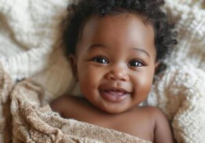 Ai generated african american baby lying on a bed with white blankets look at the camera top view health care and happy family concept generative ai photo 1