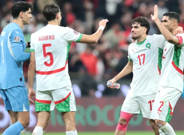 Morocco team celebrate victory during the 2025 africa cup of nations afcon quarter final match between cameroon and morocco 750x536