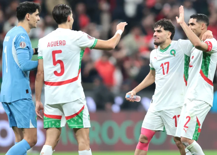 Morocco team celebrate victory during the 2025 africa cup of nations afcon quarter final match between cameroon and morocco 750x536